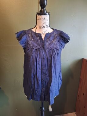Nanette Lepore Navy Eyelet Flutter-Sleeve Button Front Top